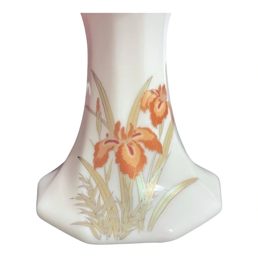 Porcelain White Candlesticks With Peach and Rust Iris flowers And Gilding. Set 2